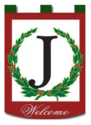Red Berry Wreath Christmas Monogram “J”-House Flag-Double Sided Appliqué-29”x42” • $12.95