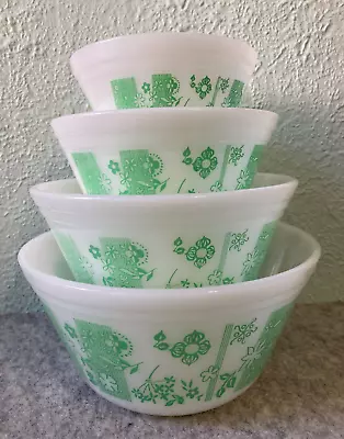 Jadeite Green Floral Vintage Federal Milk Glass Heat Proof Nesting Mixing Bowls • $494