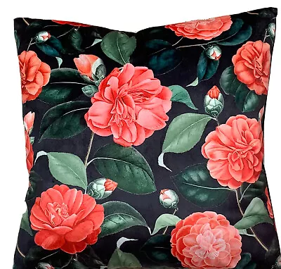 Red Roses Cushion Cover Green Leaves Floral Pattern Printed Black Velvet Fabric • £22.99