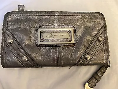 B. Makowsky Women's Silver Zip Around Pebbled Leather Silver Studded Wallet • $9.99