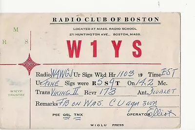 1956  W1YS Mass. Radio School  Boston   Mass.     QSL Radio Card • $6
