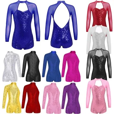 UK Girls Sequins Ballet Leotard Jumpsuit Modern Jazz Dance Unitards Latin Dance • £5.57