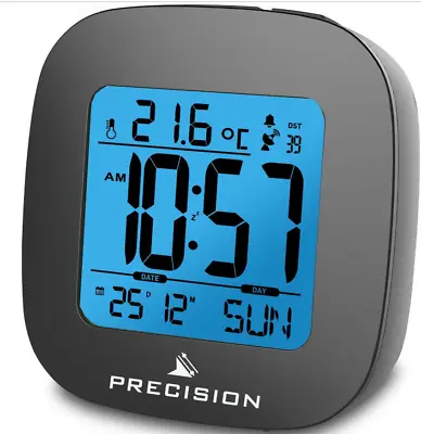 Precision AP054 Radio Controlled LCD Backlit Temperature Alarm Clock BLACK-WHITE • £12.99