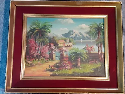 ANTIQUE OIL PAINTING CANVAS ITALIAN COASTAL VIEW FRAME 21.5 Wx17 T VIBRANT COLOR • £2335.48