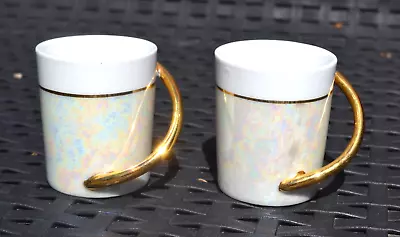 £10 • Buy 2 X French Handmade Espresso Coffee Cups Studio Pottery Signed Pearlised & Gold
