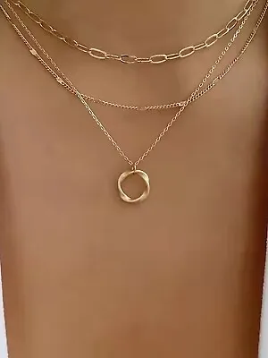 Elegant Round Charm Pendant  Layered Necklace Chocker Gold Silver  • £3.99