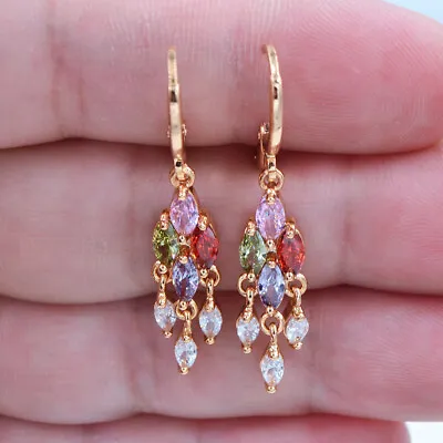 18K Yellow Gold Filled Women Rainbow Mystic Topaz Chandelier Dangle Earrings • £4.99
