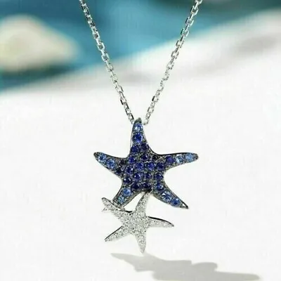Lab Created Blue Sapphire Diamond Women' Starfish Pendant 14K White Gold Plated • $68.99