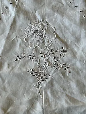 LN80 Vintage White Round 66 Inch Eyelet And Embroidery Tablecloth - Linen ? • $15