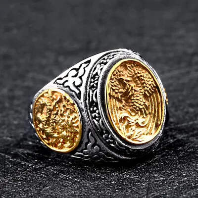 Vintage Phoenix Dragon Pattern Signet Ring Stainless Steel Tribal Lucky Men Ring • $12.98