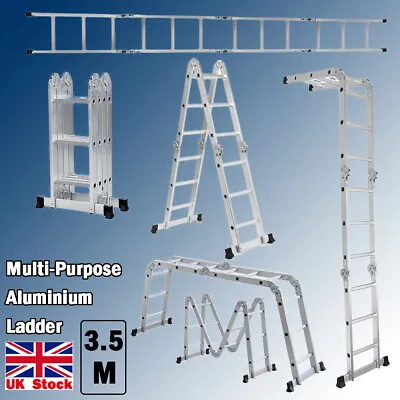 3.5M Multi-Purpose Aluminium Folding Extension Ladders With Stabilizer Bar EN131 • £79.97