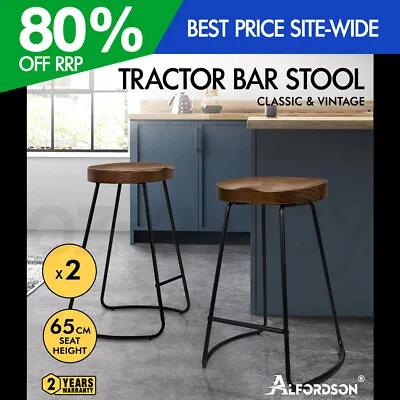 ALFORDSON 2x Bar Stools 65cm Tractor Kitchen Wooden Vintage Chair Dark • $99.95