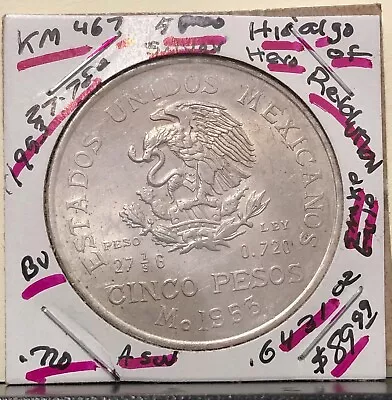 Mexico 1953 SILVER 5 Pesos UNC BIG CROWN SIZE Depicts Hero Of Revolution Hidalgo • $32.99