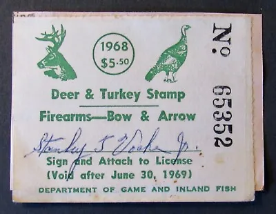 1968 Maryland Deer & Turkey Hunting Stamp - Firearms - Bow & Arrow - Used • $15