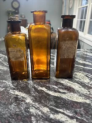 Lot Of 3 1900's Medicine Pharmacy Homeopathic Apothecary Amber Glass Bottles • $15