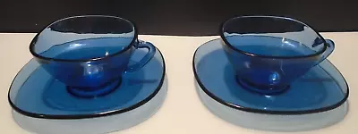 Vintage Vereco Glass Coffee Tea Mug & Saucer France Blue 4 Oz. Set Of 2 • $11.99