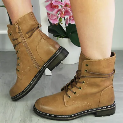 Ankle Boots Army Shoes Womens Warm Lined Zip Lace Up Casual Work Sizes • £18.31