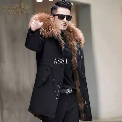 Mens Raccoon Fur Lined Mid Long Coat Fox Fur Collar Hooded Warm Outwear Parka Sz • $273.51