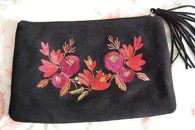 Black Embroidered Floral Tassel Zip Clutch Bag By Matalan • £1.99