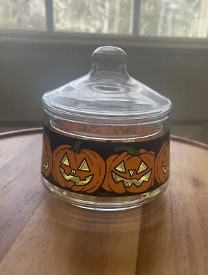 Vintage Halloween Jar Indiana Glass Candy Dish/ Lid Jack O Lantern Pumpkin • $14.99