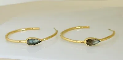 7.62g Gold Over Sterling Silver 925 Labradorite Hammered Hoops Earrings • $24.99