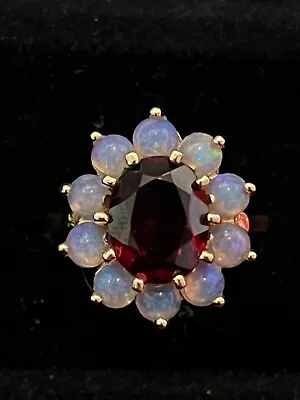 Vintage Spectacular 14k Gold Halo Pigeon Blood Garnet And Fire Opal Size 6 5.6g • $300