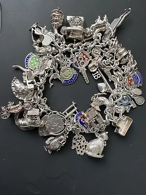 Vintage Sterling Silver George Jenson Link Bracelet With 40 Charms 98gms • $137.69