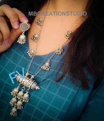 $25.59 • Buy Ghungroo Jewelry Set, Indian Bollywood Style Long Necklace, Silver Oxidised