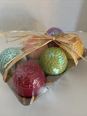 $9.99 • Buy Pier 1 Easter Sequin Eggs 6 Sequined Pastel Colors In Egg Carton Raffia Bow New