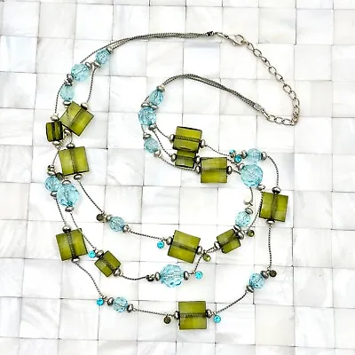 Green & Blue Plastic Beaded Triple Layer Necklace The Vintage Strand Lot #3272 • $10.19
