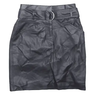 H&M Faux Leather Belted Womens Straight Skirt Black Short UK 6 • £6.99