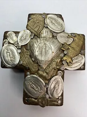 VTG Handmade Milagros Miracle Cross Religious Metals Mexico Folk Art Wooden 3x3” • $15