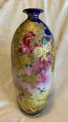 Antique 14” Gold Encrusted Floral Nippon Vase (Noritake) Maple Leaf Mark • $145