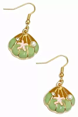 Mint Green Enamel Shell Earrings 1.5  Long Pink Starfish & Pearl  Accents • $8.99