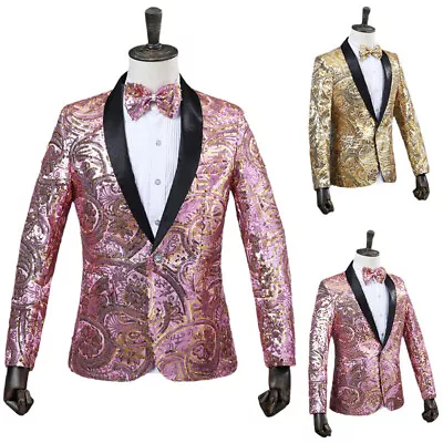 Men Shiny Sequin Suit Blazer Jacket Dress With Bow Tie Lapel Showman Party Chic • $63.17
