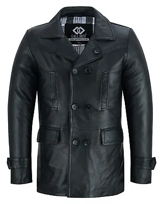 Dr Who Kreigsmarine Uboat Mens 3/4 Double Breasted Black Leather Jacket Pea Coat • $170.50