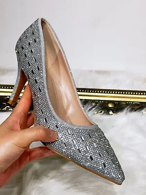 Womens Ladies Diamante Mid Heel Pointed Toe Slip On Party Wedding Sandal Shoes • £16.14