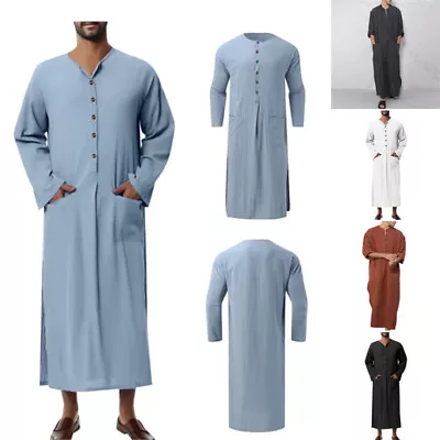 Men Muslim Robe Abaya Islamic Clothes Tunic Dress Long Sleeve Shirts Pajamas • £14.16