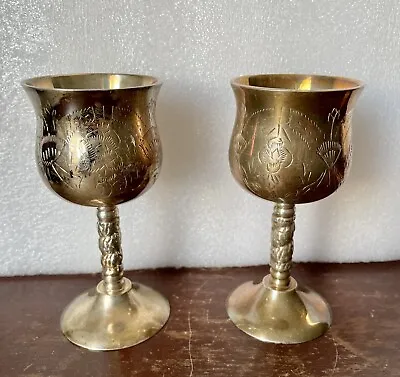 Set Of 2  EPNS Silver Plated Etched Goblets Wine Glasses Cordials￼ Made In India • $14