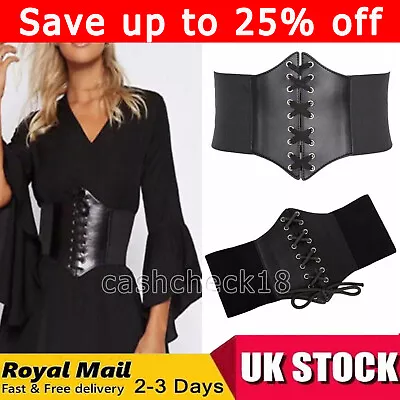 Ladies Women Leather Waist Cincher Wide Band Elastic Tied Waspie Corset Belt UK • £3.84