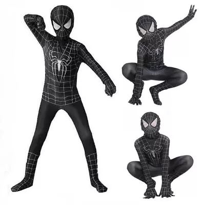 Kids Child Hero Boys BLACK Spiderman Costume Cosplay Fancy Dress Jumpsuit Outfit • £11.99
