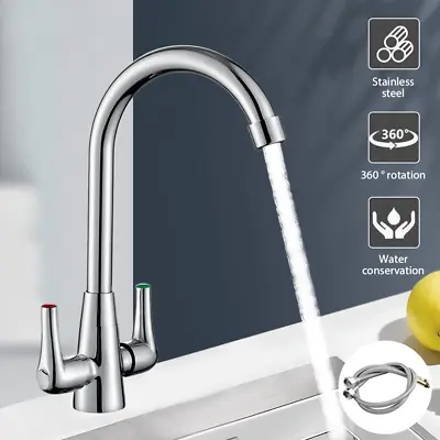 Modern Kitchen Sink Mixer Taps Swivel Spout Twin Lever Tap Mono Chrome Faucet • £13.39