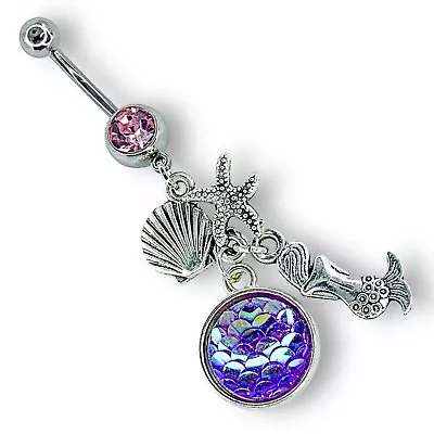 14g Light Pink Cz Dangle Mermaid Starfish Shell Purple Scale Belly Ring B498 • $9.99