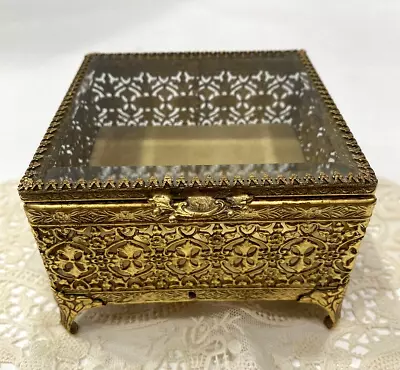 Vtg Square Trinket Box Gold Ormolu Vanity Casket Beveled Glass Ornate Filigree • $29.99