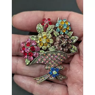 Vintage Colorful Rhinestone Glass Flower Bouquet Vase Brooch Pin 2  Mothers Day • $39.99