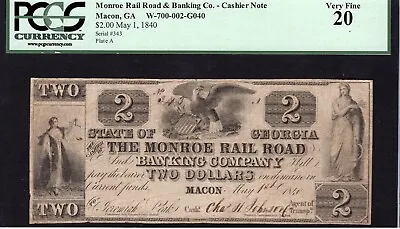 May 1 1840 Macon State Of Georgia Monroe Rail Road & Banking $2 Note PCGS VF20 • $254.99