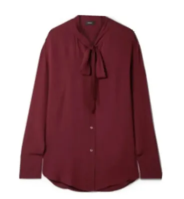 Theory S Small Weekender Tie Neck Silk Deep Mulberry Button Up Blouse MSRP $325 • £81.92