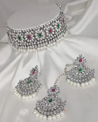 $29.99 • Buy Bollywood Style Indian Silver Plated Kundan Choker Necklace Bridal Jewelry Set