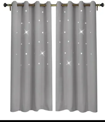 Window Blackout Curtain Overlay Panel Hollow-Out Cut Out Stars Drapes Gray • $10