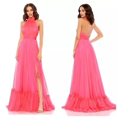 MAC DUGGAL High Neck Tiered Chiffon Halter Gown Hot Pink Size 6 • $195